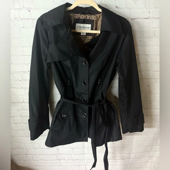 Weather Tamer Black Belted Trench Jacket M – Leopard Lined Lightweight Coat - Picture 3 of 7